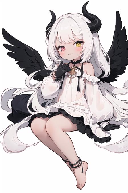 solo, child,1girl, horns, wings, heterochromia, dress, barefoot, long hair, white background, yellow eyes, white hair, simple background, white dress, black wings, jewelry, full body, very long hair, feathered wings, eyebrows visible through hair, looking at viewer, bare shoulders, dark skin, anklet, dark-skinned female, bangs, black eyes, gloves, black gloves, curled horns, (half-closed eyes, evil smile, blush:1.2),sketch, long sleeves