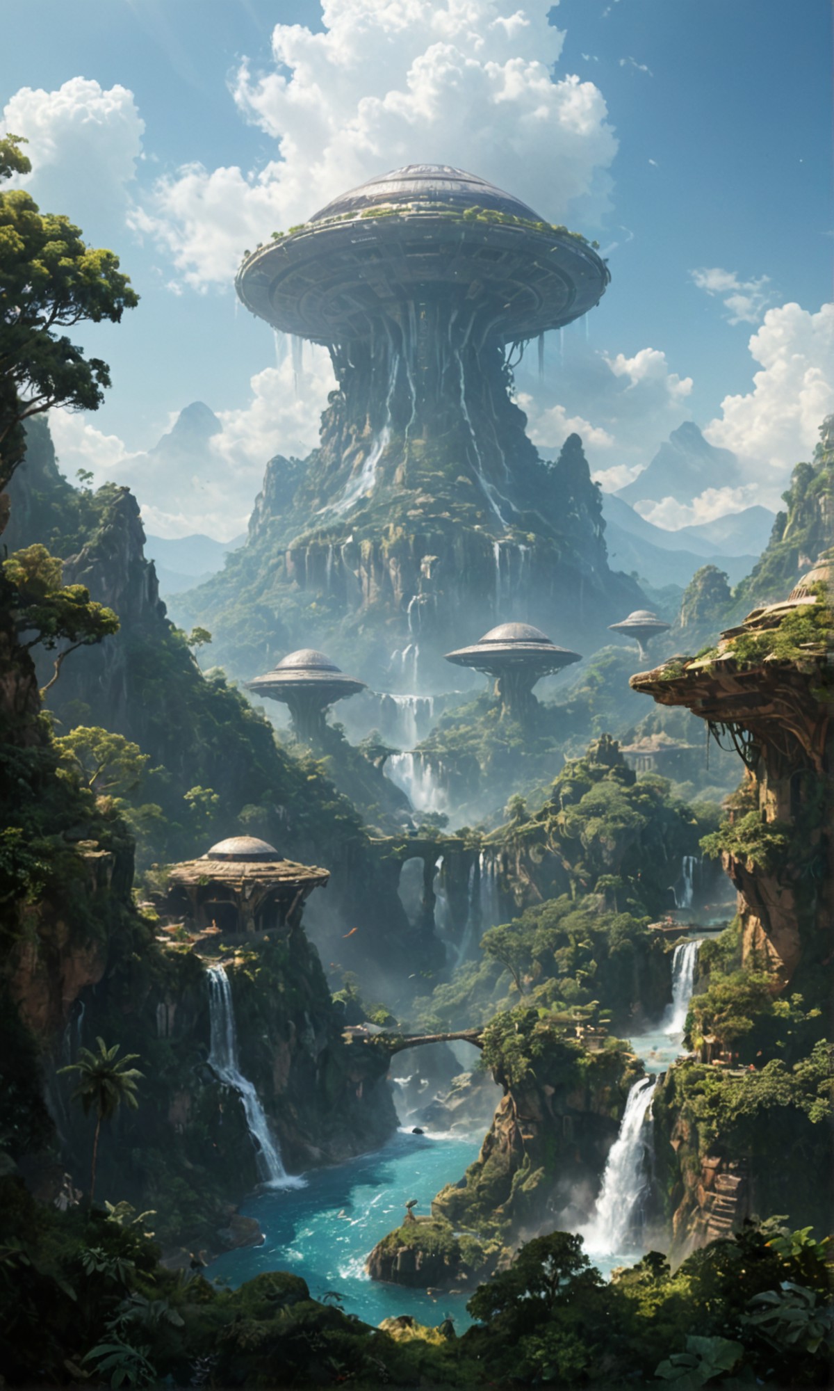 sinsearlly, beatiful view, jungle-mountain-sky,bright,sun, UFO,alien tech,giant arhcitecture,mistery, scifi-ancient temple...