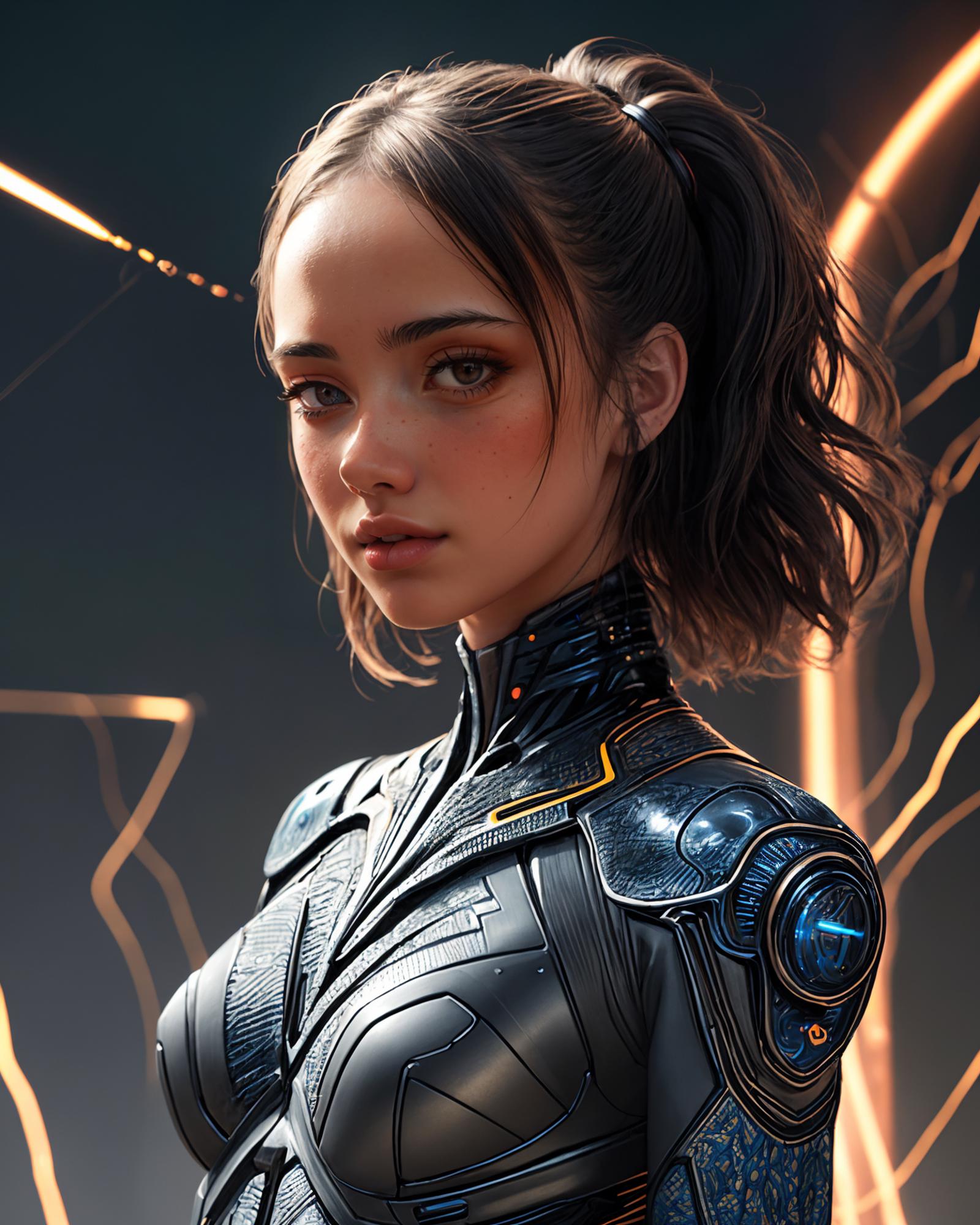 A digital art of a woman wearing a futuristic suit with blue accents.