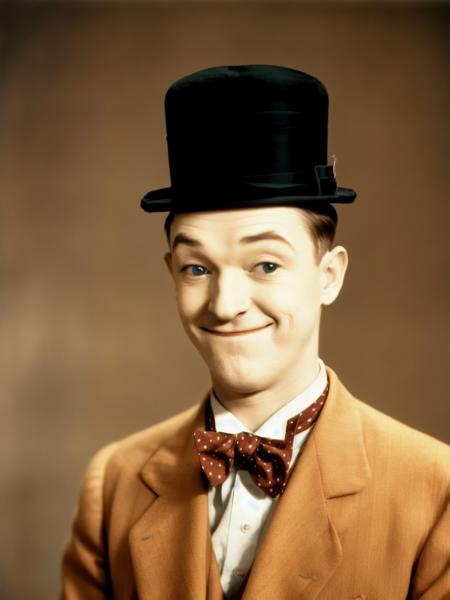 <lora:laurel and hardy-v1.0c:1> laurel hat, colorized portrait, posing, realistic, film grain, sharp, bokeh, uhd