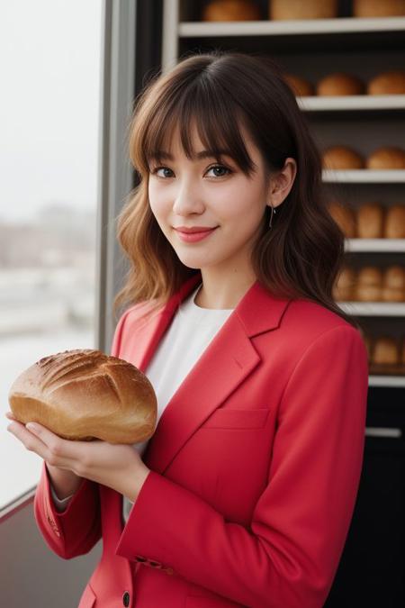 photo realistic, masterpiece, best quality, studio lighting, solo, jmc <lora:jennettemccurdyV01:1>, <lora:polyhedron_skinny_all:.3>, pink suit, holding a ((bread,puff)) (Urn) with ((two hands)) , light smiling ,  blonde highlights with bangs , bakery background,(looking at viewer, realistic eye and face details),film grain:1.5, Kodak Max 400 Film), (nsfw:1.2)