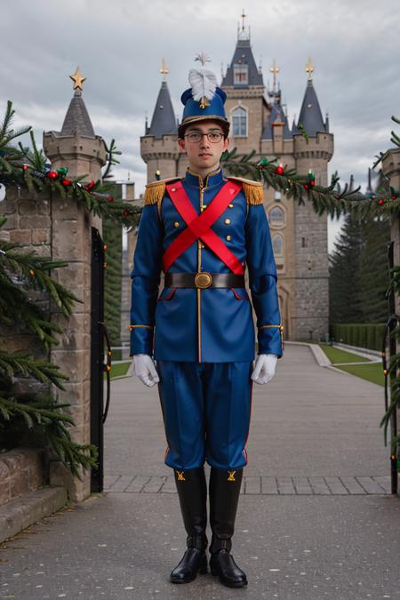 RAW photo, figma, a portrait photo of 20 y.o man wearing glasses, (wearing christmas toy soldier costume), (standing straight next to the castle gate), out door, full body, 8k uhd, high quality, film grain, Fujifilm XT3, <lora:christmas_toy_soldier_costume-02:0.6>,  <lora:figmaAnimeFigures_figma:0.7>