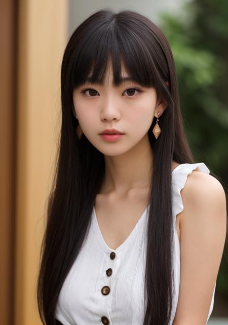 1girl, Japanese, ((contemptuous)), ((disdain)), earrings, black eyes, bangs, button shirt, ((sleeveless top)), mole, (sweat), (touch hair), RAW photo, best quality, masterpiece, ultra detailed, ultra high res, realistic, long shot,<lora:add_detail:0.4> <lora:JapaneseDollLikeness_v15:0.3>, 20 year old cute girl, petite, long tied hair with fringe, small nose, (perfect face), fair, bow string on hair, small face, collarbone, armpit