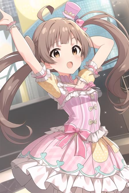 <lora:LegendGirls:0.85>LegendGirls, dress,(mini hat:0.9),yellow dress,purple dress, 
<lora:mirishita-v2.1:0.5>SERIKA HAKOZAKI,twintails, brown hair, brown eyes, ahoge, long hair,small breasts
masterpiece, best quality,1girl,