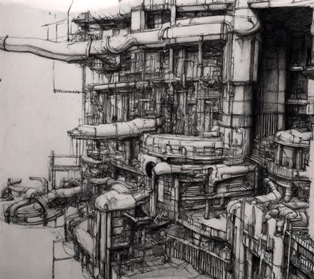 masterpiece, best quality, no humans, greyscale, building, industrial pipes,  rendering, traditional media, scenery,  <lora:Blame8ep5r159i-000003:0.7>