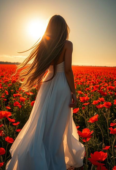 Ready design for printing on a t-shirt. On a black background. Very beautiful woman with long flowing hair walking through a vibrant field of red flowers under a bright sun, wearing a flowing white dress, cinematic lighting, high detail, serene atmosphere, breathtaking landscape, golden hour, digital painting, masterpiece, by Artgerm and Greg Rutkowski, 4k resolution.