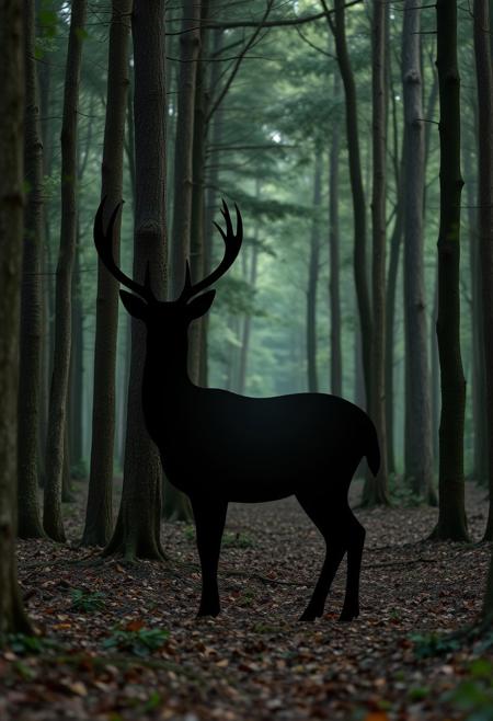 in the woods an outline of a deer with black ferrofluid with empty space between