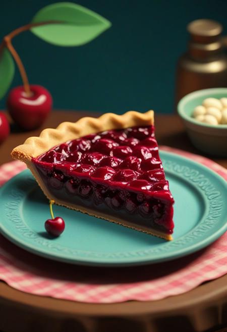 claymation, novuschroma51 style, Cherry pie slice on a plate, on a table. The claymation background has a whimsical, storybook-like charm, reminiscent of classic stop-motion animation. (masterpiece: 2), best quality, ultra highres, original, extremely detailed, perfect lighting)