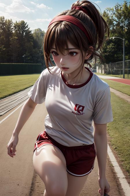 (masterpiece, top quality, best quality, official art, beautiful and aesthetic:1.2),highest detailed , 8k photo quality,((ultra-detailed)), (highly detailed CG illustration), ((an extremely delicate and beautiful)) ,(outdoors, on school ground,track:1.3), 1girl,brown hair, (white shirt, gym shirt, red buruma:1.3), headband, running, dynamic angle<lora:flat1:-1>