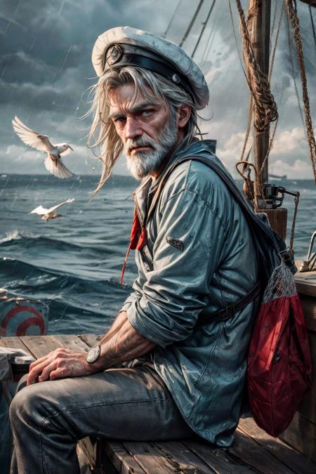 (RAW photo, 8k uhd, Analog style, Masterpiece, Best Quality, Highres:1.4), (dramatic, cinematic:1.2), BREAK,
movie shot of (80 yo:1.2) (old male:1.3) (fisherman:1.25) (sailor man:1.25) (sitting:1.1) (on deck:1.35) of (old dilapidated:1.2) (wooden sailboat:1.3), against railing, (from side:1.2), (stern face:1.2), (deep wrinkles:1.2), (gray long beard:1.3), (grey eyes:1.2), ((shabby:1.2) old (torn:1.15) (raincoat:1.1), brown (pants:1.1), (sailor hat:1.1) (sou'wester:1.2), jackboots:1.1), (lowered head:1.2), (tired sad expression:1.15), BREAK,
(stormy sea, gloomy dark clouds:1.2) on background, (splashes, water drops, rain:1.25), (seafoam:1.1), (flying white seagulls:1.25), (rocks, cliffs:1.3), (dark haze:1.2), (wet clothes:1.1), fishing (nets with fish:1.3) on deck, (ropes:1.1), (tense hopeless eerie atmosphere, cold, floes:1.2), BREAK,
(photorealistic:1.3), (rough details, (male focus:1.1):1.2), (desaturated, cold lighting:1.3), (hyperdetailed, absurdres:1.2), BREAK,
<lora:more_details:0.9>,
<lora:zoom_slider_v1:4.5>,