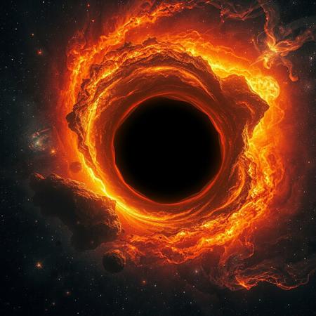 Ultra-realistic, masterpiece,amazing quality, black hole with orange light, black hole is sucking in any light around it, the vast space of the universe with dozens of suns, nebulas and a supermassive black hole in its center, brilliant shining stars around it, a mesmerizing picture, 
engaging, compelling composition,