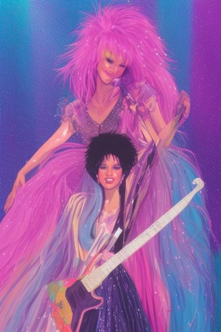 illustration style, Jem and the Holograms, portrait, 1980s, Rock star, 1girl, solo, sparkling glitter background, art by artgerm, wlop, ring light,  duskgem