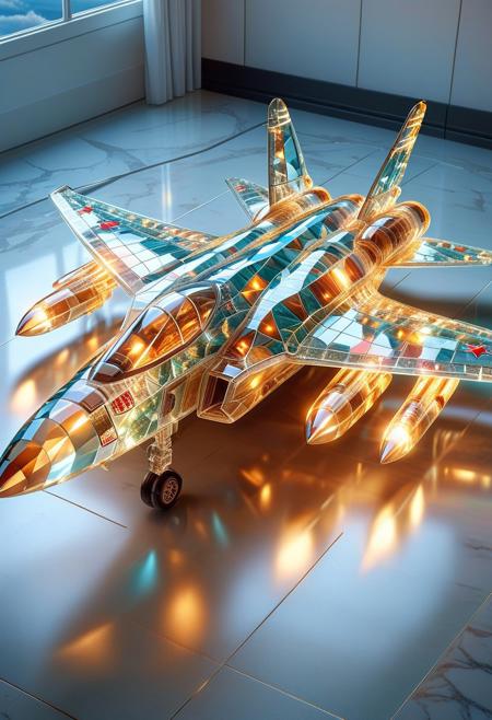 A vibrant, stylized Fighter Jet (detailed parts:1.2),  glowing with fluorescent colors, set in furnished Room background.  The Fighter Jet's parts appear fluorite crystal, with smooth, flowing, and reflective surfaces, (detailed textures:1.2).  The Pillowcase, Fighter Jet sheet are highly detailed, showcasing a unique interplay of light and color, creating a captivating visual effect. BREAK.  The Fighter Jet's headboard and footboard are a golden, metallic bronze hue (detailed metal board: 1.2), golden eard. BREAK. Strong lighting highlights the Fighter Jet's texture, Photorealistic style, digital art, hyperrealistic style, vibrant colors,  glowing effect, and dark background. Crystal Fighter Jet of fluorite, with a golden Pillowcase, Fighter Jet sheet. Ethereal.