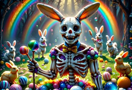 lazypos,intricate details, ultrarealistic,ultradetailed,ultra detailed,8k, midjourneyv6.1
A skeleton dressed in a ragged, ill-fitting Easter bunny out fit, designed with marbles , giving out unconventional gifts, bubbles on a stick, in a rainbow order, as well as chickens and bunnies