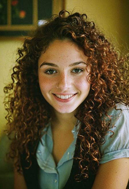 (indistinguishable from reality:1.4), 1girl, a beautiful 25 y.o Montreal, 1996, (detailed facial features), (freckles:0.05), (acne:0.025), beautiful lady, (freckles), big smile, ruby eyes, long curly hair, dark makeup, hyperdetailed photography, soft light, head and shoulders portrait, cover,, Nikon FM2, 35mm SLR, messy apartment room, <lora:MJ52:0.4>