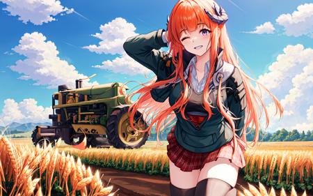 masterpiece, best quality, 1girl,purple eyes, orange hair,  bagpipe \(arknights\), official style,sky,wheat field, miniskirt, jacket, thighhighs,arm behind back,(one eye closed, ((tractor)),