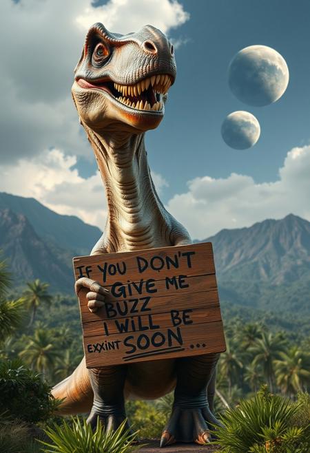 “A glorious T-Rex standing upright, looking absurdly majestic yet goofy, with a ridiculous, stoned-like smile. It’s holding a hand-painted wooden sign that reads: ‘If you don’t give me buzz, I will be extinct soon…’. The prehistoric setting features lush greenery and volcanic mountains, but in the distance, an ominous asteroid hurtles through space, clearly on a collision course with Earth. The scene is lit by the soft glow of the impending doom, adding a humorous contrast to the T-Rex’s relaxed, clueless demeanor.”