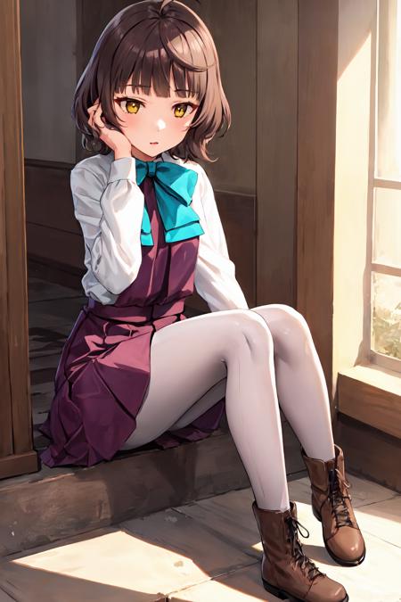 <lora:KishinamiKancolle_V10:1>, 1girl, solo, 
kishinami \(kancolle\), ahoge, brown hair, short hair, wave hair, yellow eyes, blunt bangs, small breasts, 
aqua bow, aqua bowtie, grey pantyhose, long sleeves, pleated dress, purple dress, school uniform, seamed legwear, white shirt, halterneck, boots, 
indoors,  full body