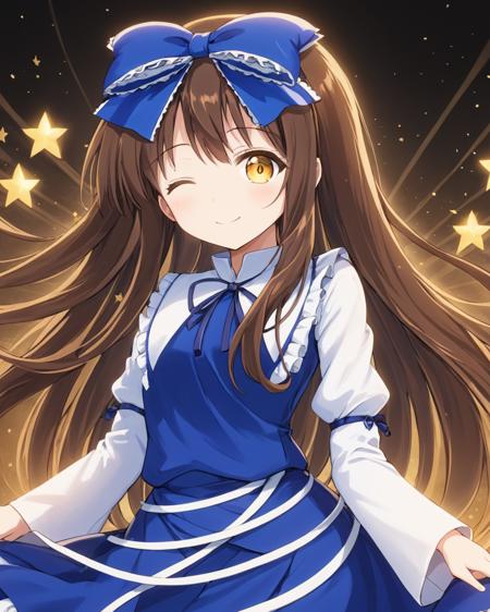 star sapphire,1girl, solo, one_eye_closed, star_\(symbol\), smile, hair_bow, dress, ribbon
<lora:star_sapphire_image1386_2023-12-20-000012:1>,star-shaped_pupils,symbol-shaped_pupils,. gorgeous,key visual, vibrant, studio anime,award-winning, professional, highly detailed,high budget, cinemascope