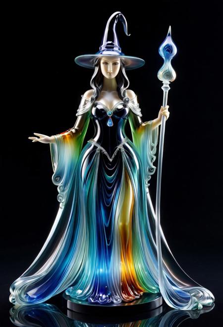 a mystical witch made of colorful Murano glass, translucent flowing dress with glass swirls, glowing glass hat, magical aura, vibrant reflections, intricate glass patterns in her clothing and staff, enchanting lighting, standing in a dark studio background, high realism, fantasy style
, murano_glass_style