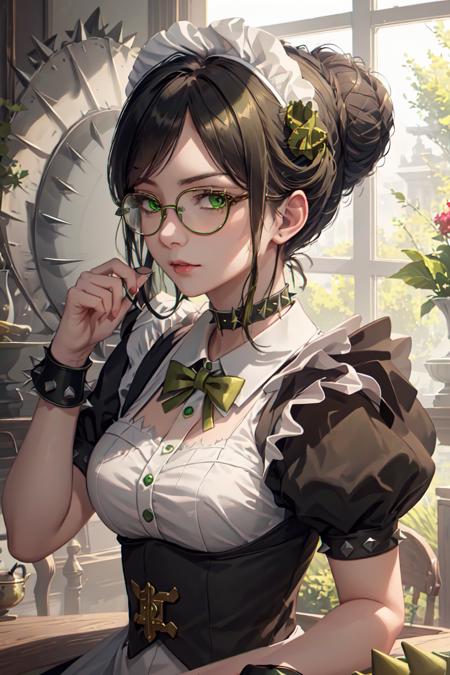 highres, sharp focus, pixiv masterpiece, ((intricate details)), highly detailed, yuri alpha, 1girl, black hair, (green wristband, green gauntlets, spikes,:1.1) glasses, green eyes, maid, single hair bun, dress, choker, bowtie, maid apron, <lora:Yuri Alpha v1_1:0.7>