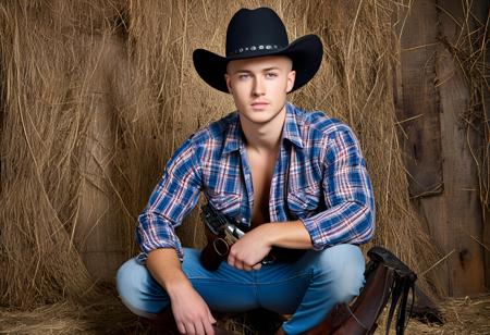 gnmxft, 1girl, solo, realistic, gun, weapon, cowboy hat, mixed media, squatting, plaid shirt 24 year old, flat chest, White mohawk, caucasian, ice blue eyes, fair skinned, best quality, RAW photo, subject, 8k uhd, high quality, photorealistic, dark-skinned male, aristocratic, a noir-style cigarette smoke <lora:gnmxXLrd:0.7>