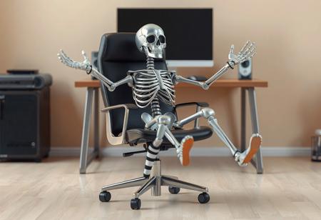"A whimsical matte painting of a metal skeleton comfortably seated in a black office chair, arms and legs spread in a relaxed pose. The skeleton wears white gloves and black-and-white striped socks, adding playful charm. Positioned in front of a desk with a computer monitor and keyboard, the scene evokes a workspace setting. The background is a simple beige wall, providing a neutral yet harmonious backdrop. The skeleton is in sharp focus, with lifelike details and handcrafted precision, while the desk and equipment are softly blurred in the background. Rendered in a contemporary aesthetic with sharp lines, stunning colors, and a balanced composition. Inspired by Beksinski's surrealism, Grammer Effect, and Octane Render, with vivid emotions and a joyful impact. Trending on ArtStation, 4K, ultra-detailed, and impeccably composed."