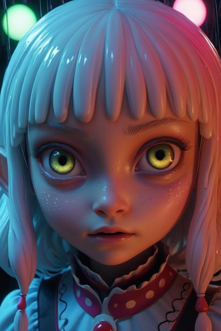 running creepy  little  Japanese alien  anime   alice in wonderland ,   , l, detailed scene,black, perfect face, intricately detailed photorealism, trending on artstation, neon lights, rainy night, stunning full body anime art   by Mark Ryden, subsurface scattering, ultra hd, 4k, high def, Photorealistic, Hyperrealistic, Hyper detailed, analog style, realistic, masterpiece, best quality, ultra realistic, 8k, Intricate, High Detail, film photography, soft lighting,  heavy shadow
