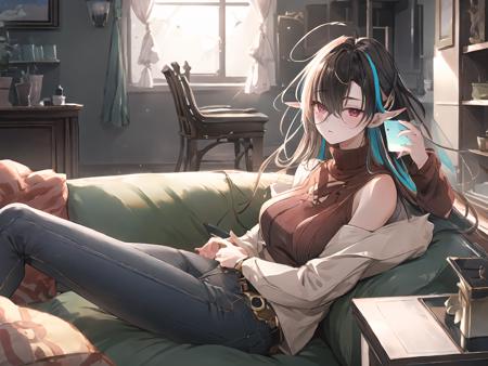 masterpiece,best quality,highres,cinematic lighting,dramatic angle,1girl,Verdilia,(matured female:1.4),long messy black multicolored hair,pointy ears,red eyes,ahoge,brown sweater,bare shoulders,green jacket,belt,jeans,white open shirt,<lora:ShadowverseCastelle_VerdiliaV2-000013:0.8:lbw=1,0.1,0.2,1,1,0.4,0.1,0.8,0.8,1,1,1,1,1,1,1,1>,tired,pillow,(holding smartphone,iphone,samsung:1.1),indoors,<lora:add_detail:0.5>,lying in sofa on side,from side,head tilt,turning head,