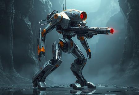 "A hyperdetailed cinematic concept art of a futuristic robot standing tall against a Dream Mirror of Terror backdrop. The robot is predominantly silver with vibrant orange and black accents, featuring an intricate design with a large, camera-like head structure and a robust body equipped with a large gun pointed to the right, exuding readiness. Its arms and legs are extended, with wheels on the legs enhancing its mobility. The head emits a red light, adding a warning signal. Rendered in Octane and Unreal Engine 5, with 4K resolution, lifelike details, sharp lines, and stunning, harmonious colors. The composition is impeccable, with the robot centrally placed, drawing attention to its detailed design. Captivating lighting, a dynamic action pose, and a creative angle, trending on ArtStation and CGSociety. Inspired by the styles of Raphael, Houdini, and Grammer Effect, with vivid emotions and a powerful message. The robot’s design showcases handcrafted precision and balanced editing, evoking a sense of futuristic readiness and technological prowess."
