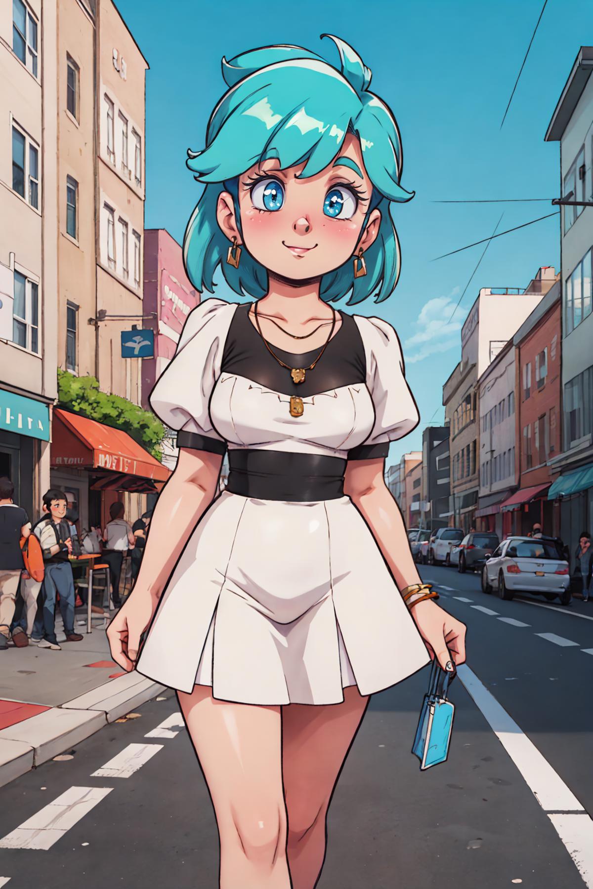 A woman with blue hair wearing a white dress and black belt is walking down a street.