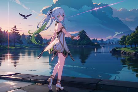 highres, masterpiece,best quality, 4k, extremely detailed, perfect lighting, lens flare, 
sunset, lake, cloudy sky, ballerina,
1girl, solo, nahida \(genshin impact\), from behind, full body, 
dancing, 
cute dress, organza lace, see-through, backless outfit, high heels, bracelet, anklet, long hair, (hair spread out:1.5), multicolored hair, white hair, green hair,
detailed beautiful face, looking back, looking at viewer, light smile, cross-shaped pupils, pointy ears, 
<lyco:nahidaGenshinImpactV3-LyCORIS:unet=0.5:te=0.7>