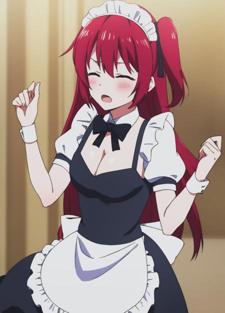 <lora:Amelia_Rose:1>, Amelia_Rose, 1girl, apron, black dress, blush, bow, breasts, cleavage, closed eyes, detached collar, dress, enmaided, flower, frills, hands up, large breasts, long hair, maid, maid apron, maid headdress, medium breasts, open mouth, parody, puffy short sleeves, puffy sleeves, red hair, short sleeves, solo, two side up, very long hair, wrist cuffs