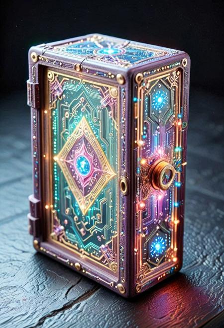 Tilt shift photography style, quarter view, a grimoire made of holographic glow, pcb_style, mix of colors glowing, otherworldly, fantasy-inspired visuals that exude charm and wonder, ( Unmanned:1.2), High Quality, Soft Texture, Full Colour, 80mm, simple dark background,