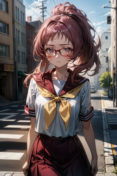 1girl, (masterpiece:1.3), (high resolution), (8K), (extremely detailed), (4k), (pixiv), perfect face, nice eyes and face, (best quality), (super detailed), detailed face and eyes, (solo), textured skin, absurdres, highres, <lora:mie-09:0.7>, miewz, glasses, long hair, ponytail,  serafuku, sailor collar,yellow neckerchief, white shirt, purple eyes, school uniform, red skirt, red hair, <lora:more_details:0.4>,
BREAK
walking, city, street, closed mouth,