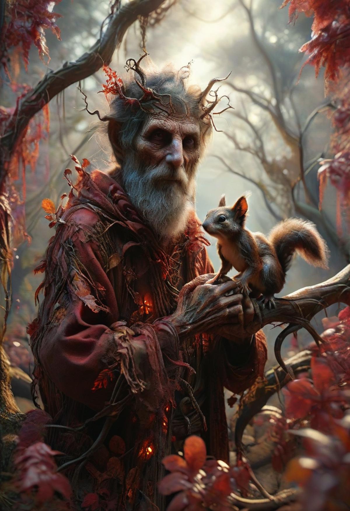 A wizard holding a squirrel in a forest setting.
