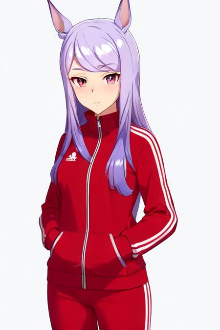 mejiromac,1girl, midum hair,<lora:test:0.7>,ultra quality,red tracksuit ,white simple backgrounds,cowboy shot