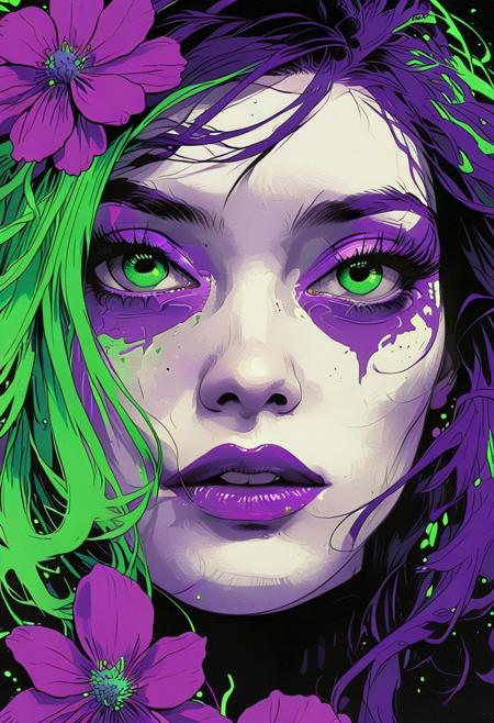 a japanese woman with flowers in hair, shadow veiling her eyes, Conrad Roset, pop art, pop surrealism, dark color gradet, very detailed 3d effect, deep image visualisation, extreme depth of field, create a pop-art hyperpunk scene with desaturated dark purple and neon-green details, colorful (polaroid:0.7) with vibrant colors, (vacations, high resolution:1.3), (small, selective focus, european film:1.2), (sexual advance:1.1), closeup As you close into the depths, the pristine white walls of an elongated Exoplanet base glisten in the moonlight. But as it enters into their exploration, Sultry boudoir photography, Portals ringed with colors extending beyond normal perception ultraviolets so deep they hurt to perceive,by Kuang Hong, Milton Glaser, Vector Art, landscape, Movie still, best quality, hair light, Slow Shutter Speed, Kodak UltraMax 400, Depth of field 270mm, digital art, rich colors