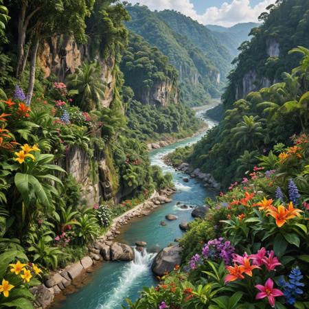 photo, realistic, jungle, river flows down the hill, flowers, extremely detailed, colorful, bright colors, 