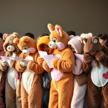 a bunch of people in furry costumes giving love letters and hugs