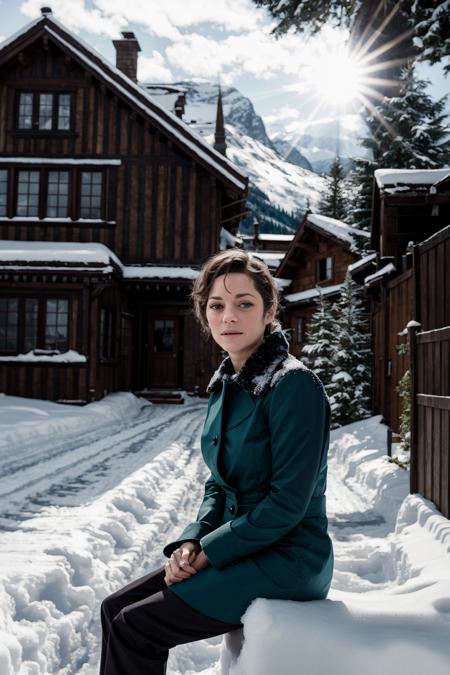 best quality, very detailed <lora:marioncotillard:0.8> marioncotillard, a woman,  sun light, winter, snow, mountains, sitting in the snow