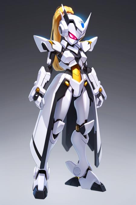 A solo white and black Medabot with gold trim with no mouth and glowing eyes and long hair high ponytail, high detail, simple background, <lora:MedabotLoraV1TrainedTest:1>