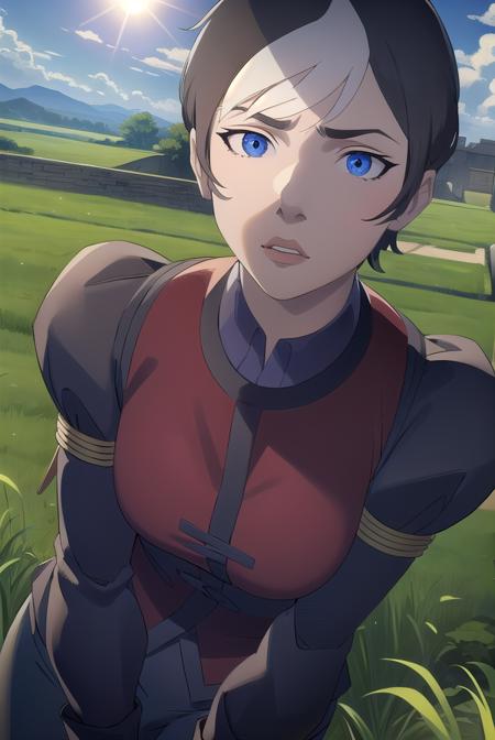 cassandraderolo, <lora:cassandra de rolo-lora-nochekaiser:1>,
cassandra de rolo, short hair, blue eyes, black hair, white hair, multicolored hair, two-tone hair,
BREAK gloves, black gloves, pants, puffy sleeves, long sleeves, shirt, red shirt, high collar,
BREAK outdoors, forest, nature, grass, trees, sun, sky, clouds,
BREAK looking at viewer, (cowboy shot:1.5),
BREAK <lyco:GoodHands-beta2:1>, (masterpiece:1.2), best quality, high resolution, unity 8k wallpaper, (illustration:0.8), (beautiful detailed eyes:1.6), extremely detailed face, perfect lighting, extremely detailed CG, (perfect hands, perfect anatomy),