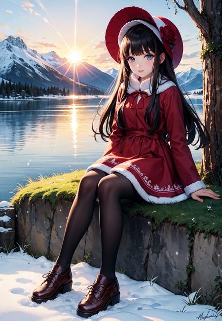 masterpiece, best quality, winter, snow field, 1girl, bangs, blue eyes, blunt bangs, bonnet, brown footwear, brown hair, dress, frills, fruit, full body, hat, long hair, long sleeves, looking at viewer, pantyhose, purple dress, red flower, red rose, rose, shoes, sitting, solo, sky, sun, mountain, forest, lake,