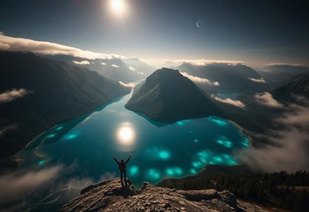 POV, on top of a mountain, looking down from mountain top, geological basin at the base of mountain, rivers leading to basin from mountains, basin surrounded by mountains, shore line, trees, clear blue water, cloud streams, mist over basin, at night, dark, moon, moon light, glowing orbs in air around basin, glowing orbs under water surface, stars, night sky, nebula, 3 moons in sky,