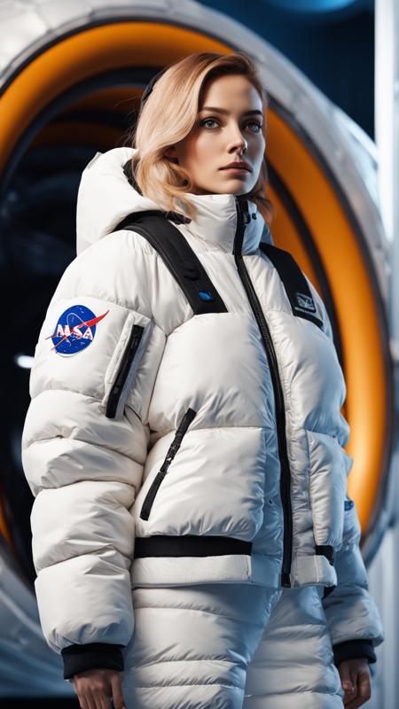 1girl, down Jacket, puff, fashionable style, A science fiction space setting, NASA logo, microsomia, Fine facial details, Futuristic design, A cinematic shot, octane render, Exquisite facial features, 150 mm, close-up, beautiful studio soft light, rim light, vibrant details, hyperrealistic, elegant, beautiful background, 8k, best quality