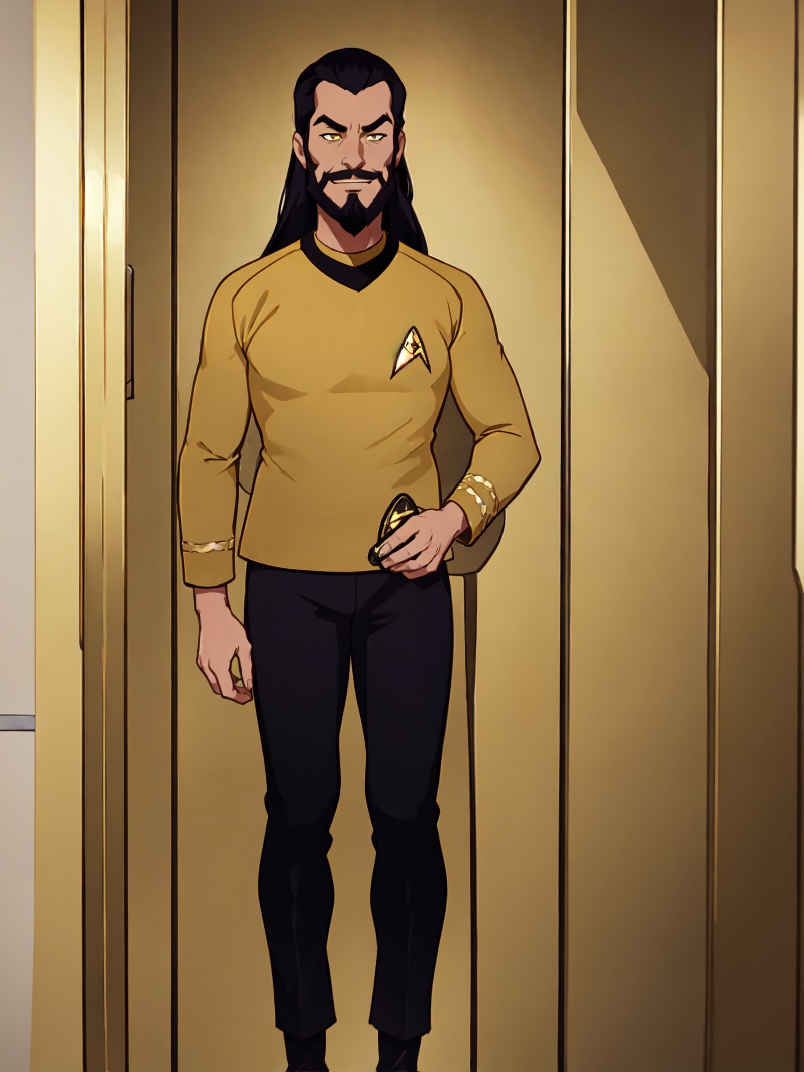 (yellow startrektos uniform:1.3),(masterpiece, best quality:1.2), 1boy, very long hair,very long beard,black pants, smirk,...