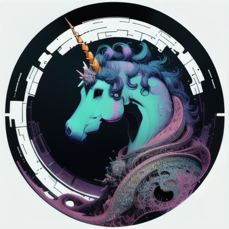 circular design, vector art, (pastel full-bleed illustration of dark plague unicorn as bored as bored can be); character design by Beksinski, Caravaggio, Max Ernst, Charles Vess; simple line art, flat illustration, digital print, radiant; art inspired by Dan Mumford, Rutkowski, Roy Lichtenshtein, Ismail Inceoglu; mixed media, gouache, 128k, cinema 4d, uhd, hd hdr, microfilm, polaroid, loose gestures, inkpunk, CGSociety, solarpunk, crispy quality, sharp, bright, volumetric lighting, intricate, ample negative white space, doodle, zendoodle, Louis Rhead, as a logo,  <lora:VectorUnicorns-04:1>