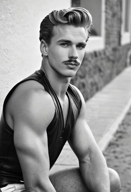 monochrome, focus on butt, Stunning B&W 35mm photo of a 23 year old gorgeous Dutch boy, tom-of-finland style