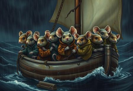 REALISTIC
a group of mouses every mouse with a different skin color scared worried with old rusty clothes and dirty raincoats traveling in an old BIG Sailing boat made with bottles and trash on a storm  in the ocean lightings rain moonlight big waves, heavy rain, puddle of water, boat with broken parts, some mouse with bruises and ears with holes,